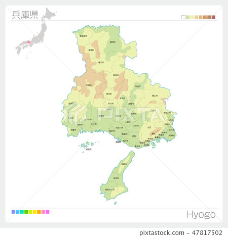Map of Hyogo prefecture (contour line · color coding · municipality · division) 47817502