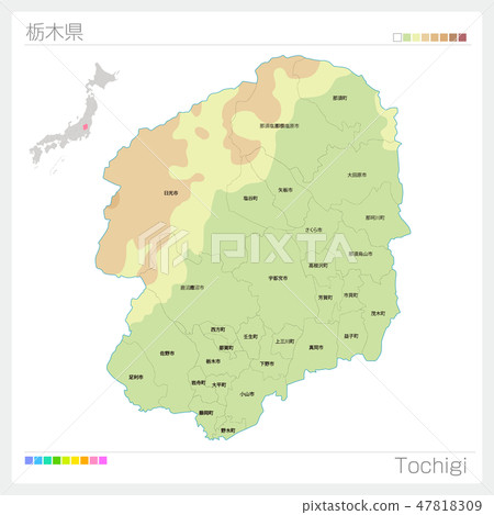 Map of Tochigi prefecture (contour lines · color coding · municipalities · division) Map of Tochigi prefecture (contour lines · color coding · municipalities · division) 47818309