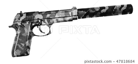 handgun with the long magazine and silencer 47818684