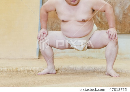 Sumo wrestler practicing sumo wrestling 47818755