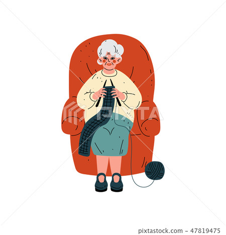 Senior Woman Sitting in Armchair and Knitting, Old Lady Daily Activity Vector Illustration 47819475