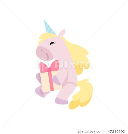 Beautiful Unicorn Sitting and Holding Gift Box, Cute Magic Fantasy Animal Vector Illustration 47819692