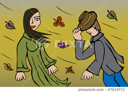 Strong wind blowing on woman and man 47819721