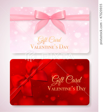 Gift card with red hearts on background and bow 47820935