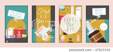 Medical advertisement for pharmacy vector illustration. Set of cards and banners with medical tools Medical advertisement for pharmacy vector illustration. Set of cards and banners with medical tools 47825542