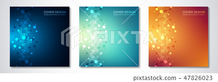 Square templates for cover or brochure, with molecules background and neural network. Abstract 47826023