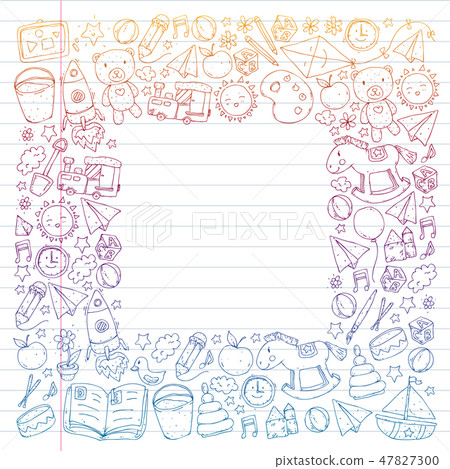 Kindergarten with toys. Pattern for children. Little preschool kids education. Drawing, learning 47827300
