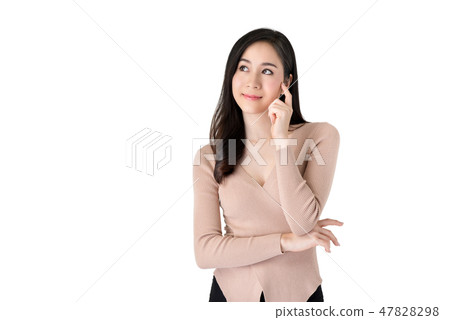 Young beautiful Asian woman in pensive gesture 47828298