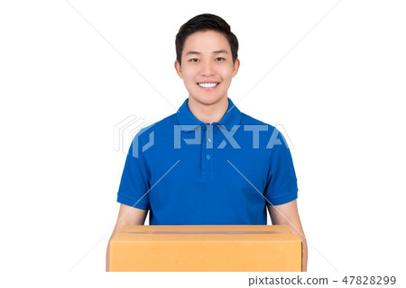 Asian delivery man in blue polo shirt carrying box 47828299