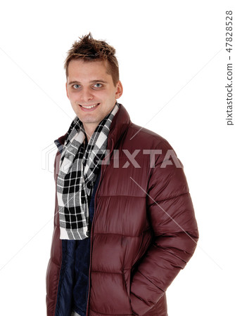 Portrait of a young smiling man in burgundy jacket 47828528