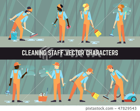 Cleaning staff - cleaning woman and man vector... - Stock Illustration ...