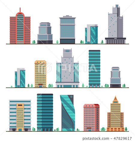Buildings and modern city houses flat vector icons Buildings and modern city houses flat vector icons 47829617