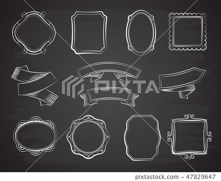 Vintage chalkboard hand drawn ribbon banners, picture frames and labels on black chalkboard vector 47829647