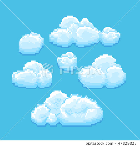 Sky with clouds vector pixel art. Cloudscape background for retro game 47829825