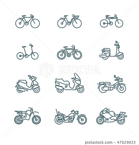 Motorbike, motorcycle, scooter, bike, bicycle thin line vector icons Motorbike, motorcycle, scooter, bike, bicycle thin line vector icons 47829833