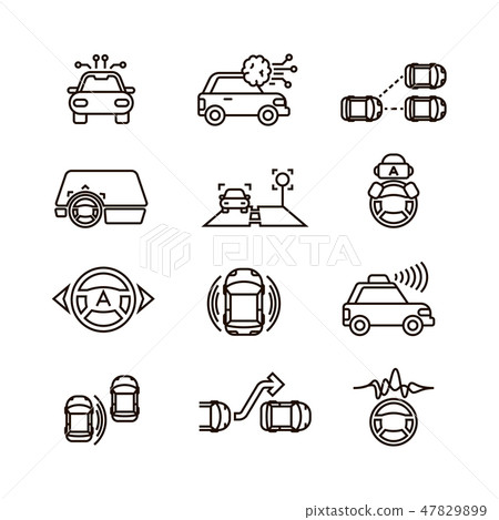 Smart car and hands free driving automatic system vector line icons Smart car and hands free driving automatic system vector line icons 47829899