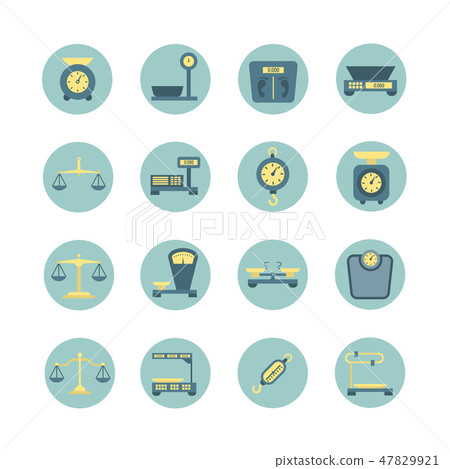 Vintage balance, electronic and mechanical scales, weight measurement flat vector icons Vintage balance, electronic and mechanical scales, weight measurement flat vector icons 47829921