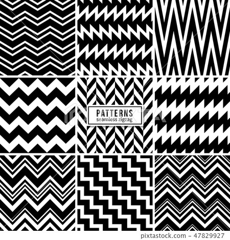 Zigzag vector patterns. Black and white regular striped geometric textures 47829927