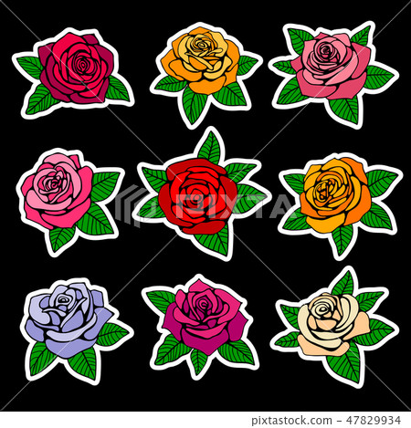 Roses fashion vector patches and stickers in nineties style design Roses fashion vector patches and stickers in nineties style design 47829934