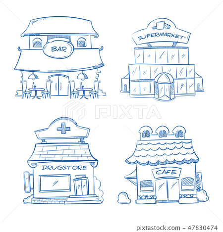 Doodle building facade of shop, bar, cafe, mall, pharmacy. Hand drawn vector illustration Doodle building facade of shop, bar, cafe, mall, pharmacy. Hand drawn vector illustration 47830474