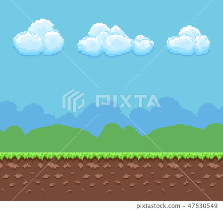 Pixel 8bit game vector background with ground and cloudy sky panorama Pixel 8bit game vector background with ground and cloudy sky panorama 47830549