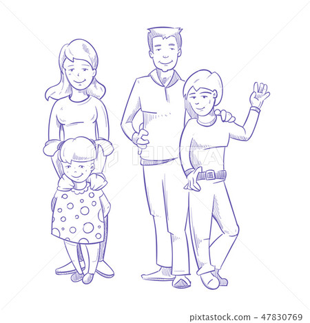 Happy family with young children hand drawn, doodle vector illustration 47830769