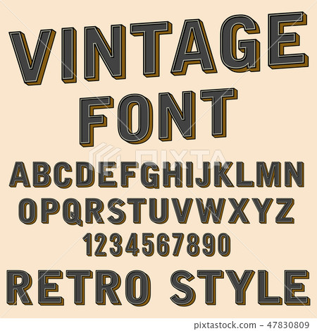 Retro 3d alphabet and number sign, old typography style, vector cartoon font letters 47830809