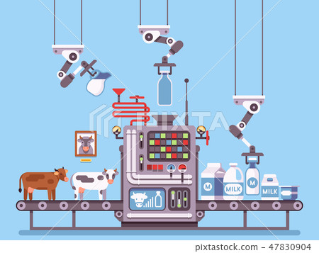 Milk manufacturing, stage processing on conveyor, dairy products industrial management vector Milk manufacturing, stage processing on conveyor, dairy products industrial management vector 47830904
