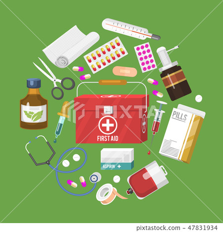 Medical instrument banner, poster. First-aid set outfit medicine chest and doctor tools medicament Medical instrument banner, poster. First-aid set outfit medicine chest and doctor tools medicament 47831934
