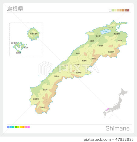 Map of Shimane prefecture (contour line · color coding · municipalities · division) 47832853