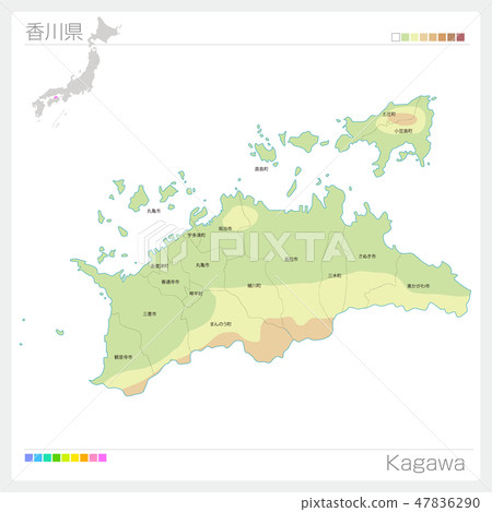 Map of Kagawa Prefecture (contour line · color coding · municipality · division) 47836290