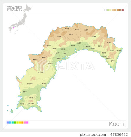 高知縣地圖（等高線·顏色編碼·自治市·區）-插圖素材[47836422] - PIXTA圖庫