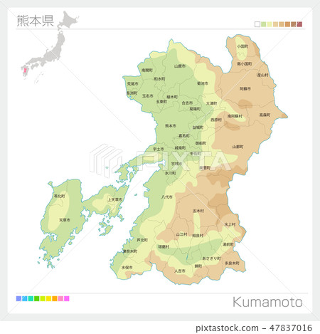 Map of Kumamoto prefecture (contour line · color coding · municipality · division) Map of Kumamoto prefecture (contour line · color coding · municipality · division) 47837016