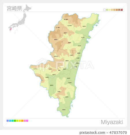 Miyazaki prefecture map (contour line · color coding · municipality · division) 47837070