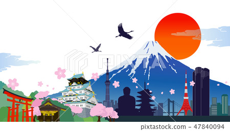 Japanese symbol and cherry blossom landmark and Mt. Fuji Japanese symbol and cherry blossom landmark and Mt. Fuji 47840094