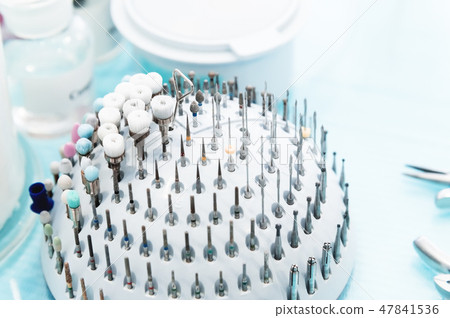 Close up dental nozzles or drill heads for the drill. Dental bur equipment. Dental hygiene and 47841536