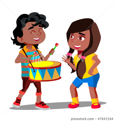 Afro American Boy Playing Drum Next To Dancing Afro American Girl Vector. Isolated Illustration 47841584