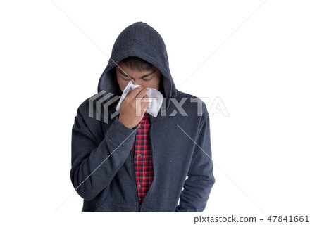 Guy got fever wearing jacket to get warm. Sneezing a lot. 47841661