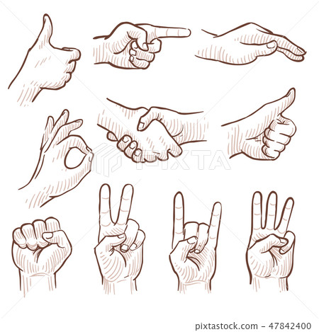 Hand drawing sketch man hands showing different gestures vector set 47842400