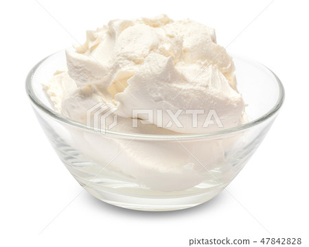 Traditional Mascarpone cheese in glass bowl isolated on white with clipping path 47842828