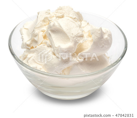 Traditional Mascarpone cheese in glass bowl isolated on white with clipping path Traditional Mascarpone cheese in glass bowl isolated on white with clipping path 47842831