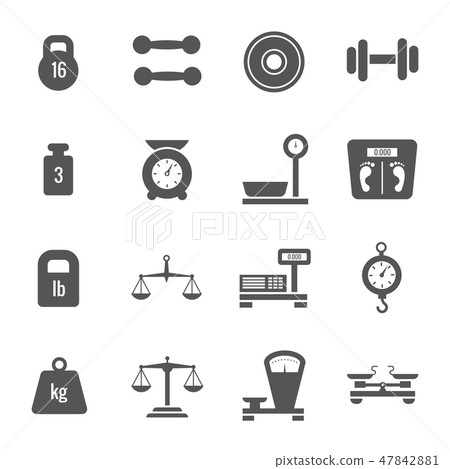 Weight scales, balance, heavy luggage, kilogram vector icons Weight scales, balance, heavy luggage, kilogram vector icons 47842881