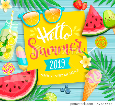 Hello summer 2019 yellow card or banner. - Stock Illustration [47843652 ...