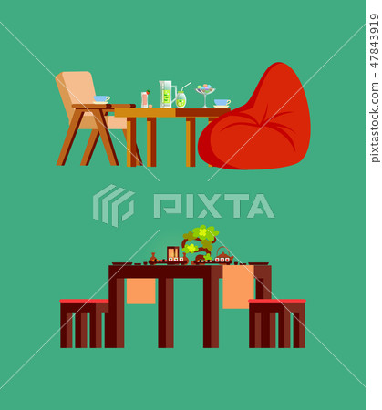 Table and Fresh Drink, Sushi on Board Vector Icons Table and Fresh Drink, Sushi on Board Vector Icons 47843919