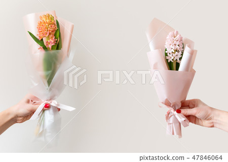 Woman hands with manicure holding spring flowers. Fresh bouquets with hyacinth. Copyspace for text Woman hands with manicure holding spring flowers. Fresh bouquets with hyacinth. Copyspace for text 47846064