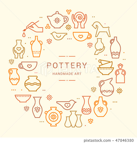 Pottery wheel, potter, clay horse, and other ceramic products in the icon set in flat style with a 47846380