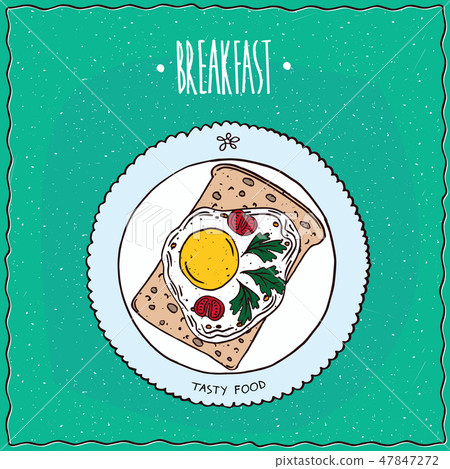 Top view on toast with fried eggs Top view on toast with fried eggs 47847272