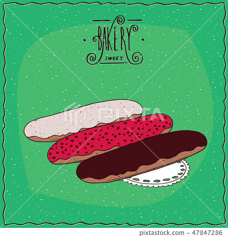 Three different glazed eclair on lacy napkin Three different glazed eclair on lacy napkin 47847286