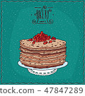 Thin pancakes with red caviar on lacy napkin 47847289