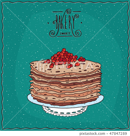 Thin pancakes with red caviar on lacy napkin 47847289